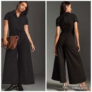 Maeve Anthropologie The Colette Wrap Black Wife Leg Jumpsuit 10